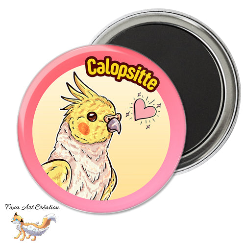 Badge, Magnet pins Calopsitte Jaune, Perruche, Oiseau Exotique, Petit Perroquet, Illustration