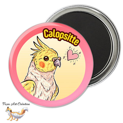 Badge, Magnet pins Calopsitte Jaune, Perruche, Oiseau Exotique, Petit Perroquet, Illustration