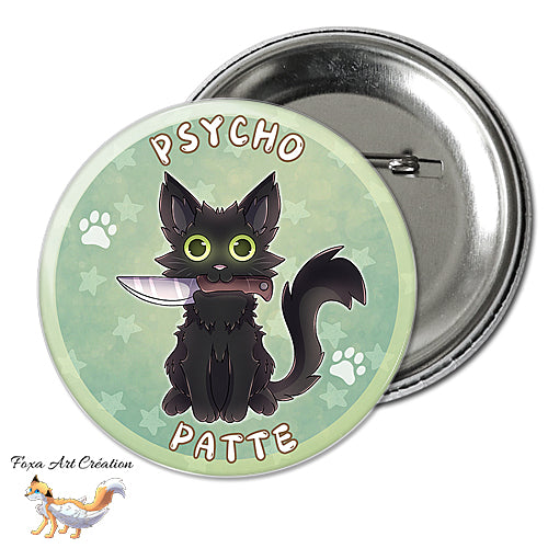 Badge, Magnet Chat Noir "Psychopatte", jeu de mot humour psychopathe, chat avec couteau