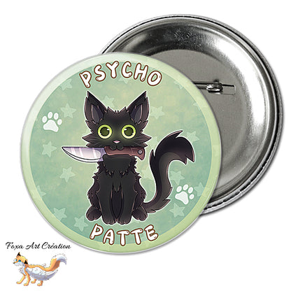 Badge, Magnet Chat Noir "Psychopatte", jeu de mot humour psychopathe, chat avec couteau