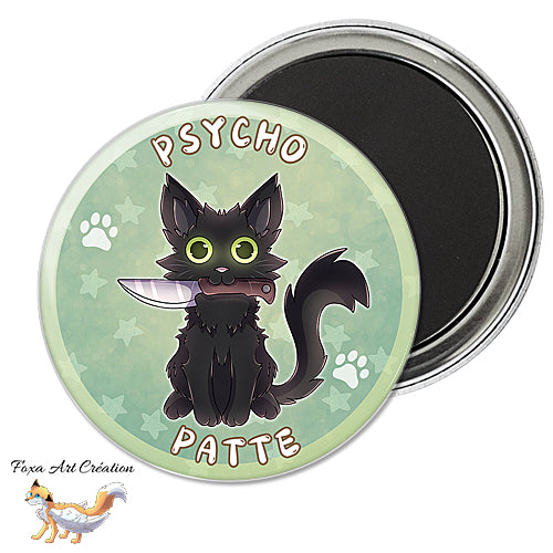 Badge, Magnet Chat Noir "Psychopatte", jeu de mot humour psychopathe, chat avec couteau