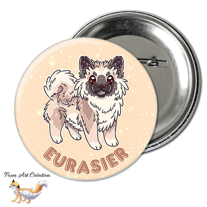 Badge, Magnet Eurasier, chien mignon, race, fond couleur sable