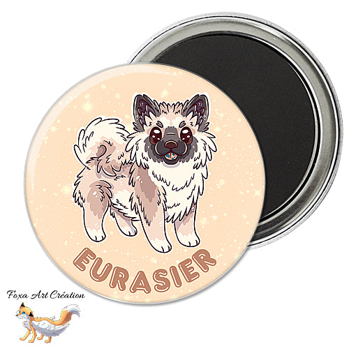 Badge, Magnet Eurasier, chien mignon, race, fond couleur sable