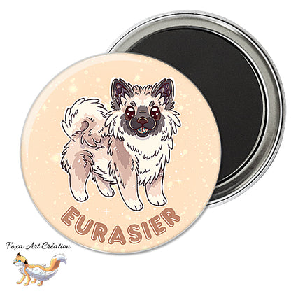 Badge, Magnet Eurasier, chien mignon, race, fond couleur sable