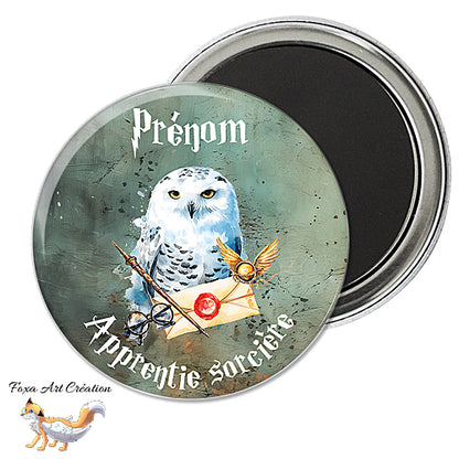 Badge, Magnet pins Apprenti Sorcier, Apprentie Sorcière, Chouette, personnalisé
