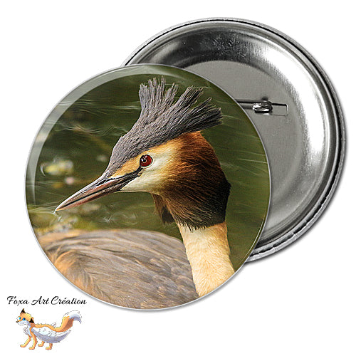 Badge, Magnet pins Grèbe Huppé, oiseau, Podiceps cristatus, modèle 1