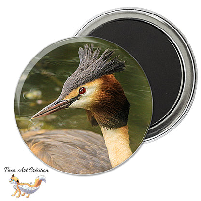 Badge, Magnet pins Grèbe Huppé, oiseau, Podiceps cristatus, modèle 1