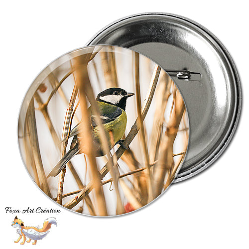 Badge, Magnet pins Mésange Charbonnière, oiseau de jardin, Parus major, modèle 1