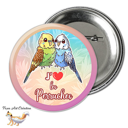 Badge, Magnet pins Perruches Ondulées, "J'aime les perruches", Illustration