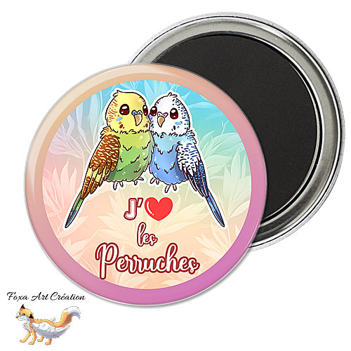 Badge, Magnet pins Perruches Ondulées, "J'aime les perruches", Illustration