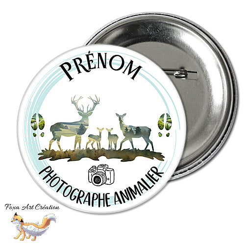Badge, Magnet pins Photographe Animalier ou Animalière, Renard, personnalisable prénom