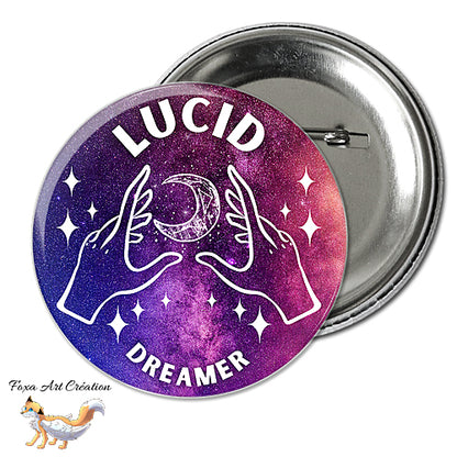 Badge, Magnet Rêveur Lucide, "Lucid Dreamer", espace onirique, pins galaxie