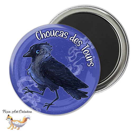Badge, Magnet pins Choucas des Tours dans la nuit, illustration, oiseau corvidé, jackdaw, modèle 2
