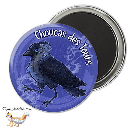 Badge, Magnet pins Choucas des Tours dans la nuit, illustration, oiseau corvidé, jackdaw, modèle 2