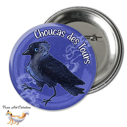 Badge, Magnet pins Choucas des Tours dans la nuit, illustration, oiseau corvidé, jackdaw, modèle 2