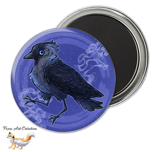 Badge, Magnet pins Choucas des Tours dans la nuit, illustration, oiseau corvidé, jackdaw, modèle 1