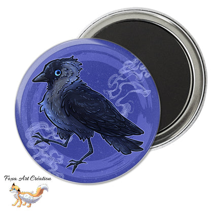 Badge, Magnet pins Choucas des Tours dans la nuit, illustration, oiseau corvidé, jackdaw, modèle 1