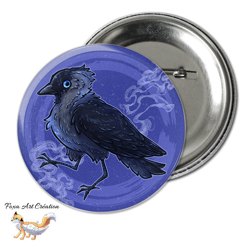 Badge, Magnet pins Choucas des Tours dans la nuit, illustration, oiseau corvidé, jackdaw, modèle 1