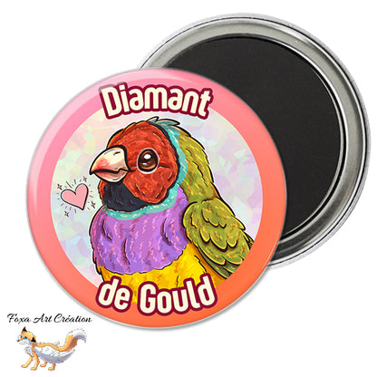Magnet frigo aimanté avec illustration colorée d un Diamant de Gould tête rouge et le texte Diamant de Gould par Foxa Art Création