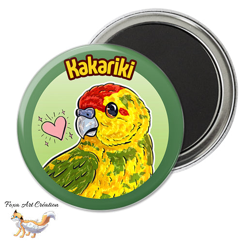Badge, Magnet pins Kakariki Jaune Panaché, Perruche, Oiseau Exotique, Petit Perroquet, Illustration
