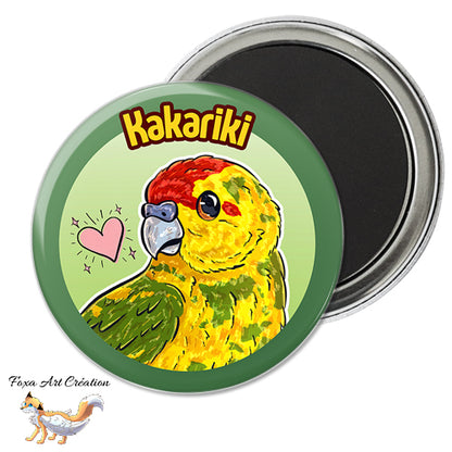 Badge, Magnet pins Kakariki Jaune Panaché, Perruche, Oiseau Exotique, Petit Perroquet, Illustration
