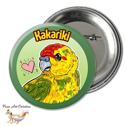 Badge, Magnet pins Kakariki Jaune Panaché, Perruche, Oiseau Exotique, Petit Perroquet, Illustration