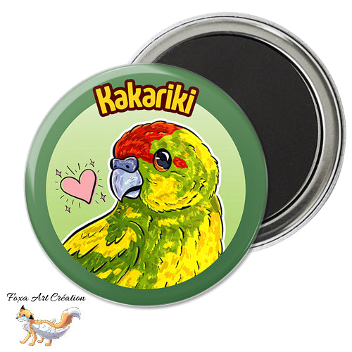 Badge, Magnet pins Kakariki Vert Panaché, Perruche, Oiseau Exotique, Petit Perroquet, Illustration