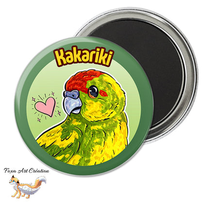 Badge, Magnet pins Kakariki Vert Panaché, Perruche, Oiseau Exotique, Petit Perroquet, Illustration