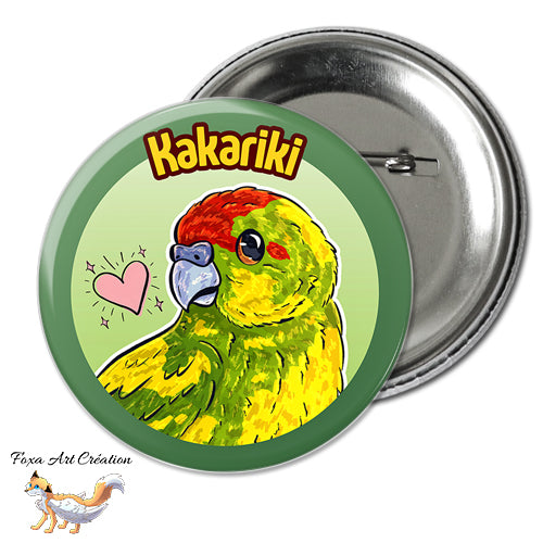 Badge, Magnet pins Kakariki Vert Panaché, Perruche, Oiseau Exotique, Petit Perroquet, Illustration