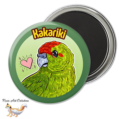 Badge, Magnet pins Kakariki Vert, Perruche, Oiseau Exotique, Petit Perroquet, Illustration