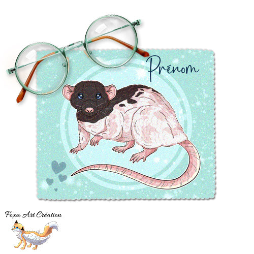 Essuie-Lunettes Microfibre Rat Dumbo Domestique Prénom - Chiffonnette Personnalisable 9 Couleurs Rongeur NAC Illustration - Fond Turquoise Pastel