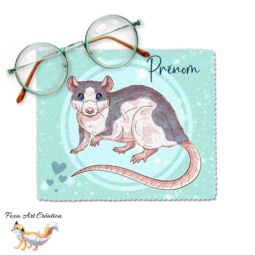 Essuie-Lunettes Microfibre Rat Domestique Prénom - Chiffonnette Personnalisable 9 Couleurs Rongeur NAC Illustration - Fond Turquoise Pastel
