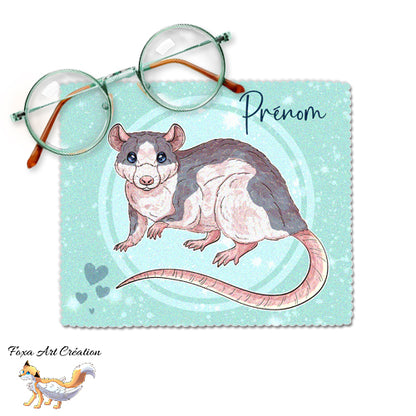 Essuie-Lunettes Microfibre Rat Domestique Prénom - Chiffonnette Personnalisable 9 Couleurs Rongeur NAC Illustration - Fond Turquoise Pastel