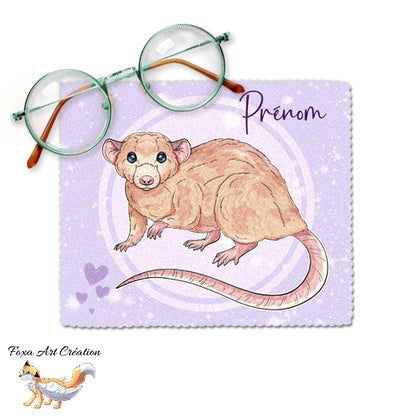 Essuie-Lunettes Microfibre Rat Dumbo Domestique Prénom - Chiffonnette Personnalisable 9 Couleurs Rongeur NAC Illustration - Fond Violet Rose