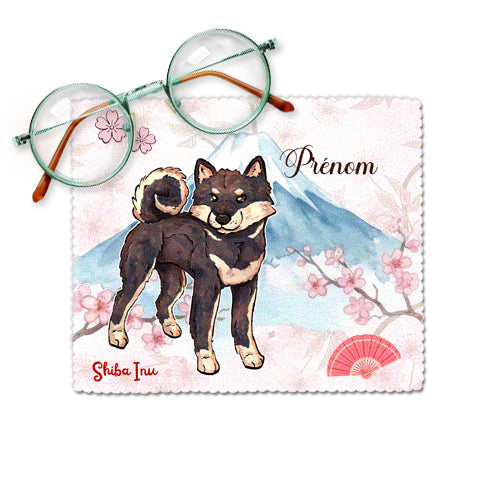 Chiffonnette essuie-lunettes microfibre personnalisée avec prénom et illustration d un Shiba Inu noir et feu