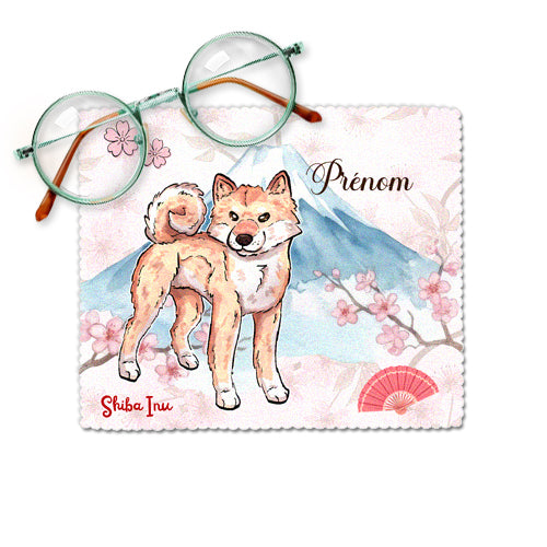 Chiffonnette essuie-lunettes microfibre personnalisée représentant un Shiba Inu crème clair et fleurs de cerisier