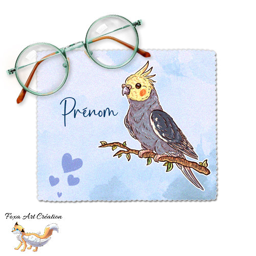 Essuie-lunette, Chiffonnette Microfibre Calopsitte Jaune et Gris, Oiseau, prénom personnalisable, fond bleu