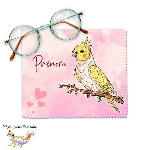 Essuie-lunette, Chiffonnette Microfibre Calopsitte Jaune, Oiseau, prénom personnalisable, fond rose