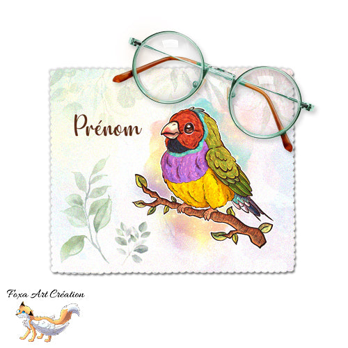 Chiffonnette essuie-lunettes microfibre Diamant de Gould, personnalisable avec prénom. Illustration oiseau exotique par Foxa Art Création. Nettoyage doux. Fait main.