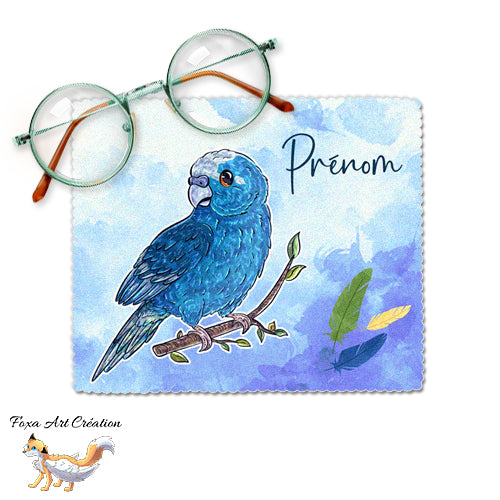 Essuie-lunette, Chiffonnette Microfibre Kakariki Bleu, Perruche de Sparrman, Oiseau, prénom personnalisable
