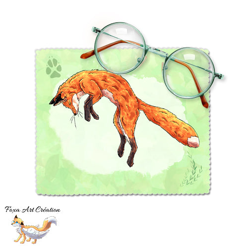 Chiffonnette essuie-lunettes microfibre illustrée d'un renard roux en saut de mulotage par Foxa Art Création. Accessoire nature doux et efficace pour vos verres. Fait main.