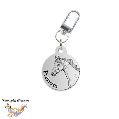 Médaille identification cheval personnalisée pour licol portrait fond argenté