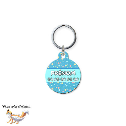 Médaille ronde personnalisée chien ou chat, motif bleu pois