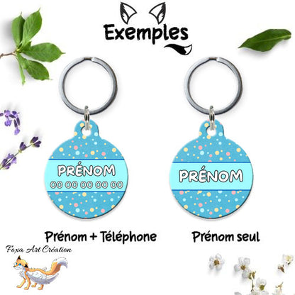 Médaille ronde personnalisée chien ou chat, motif bleu pois