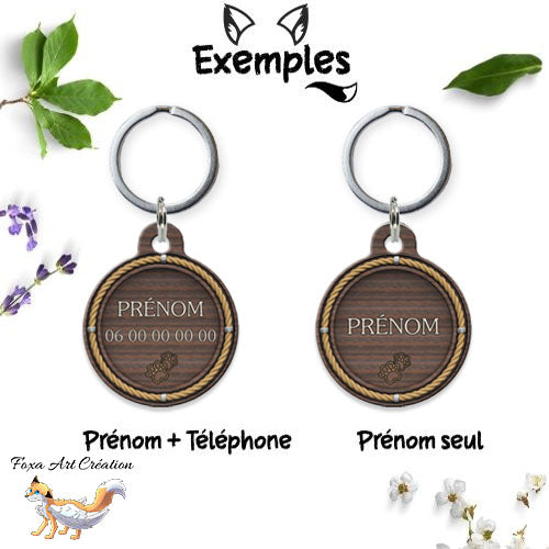 Médaille ronde personnalisée chien ou chat, motif style bois marin