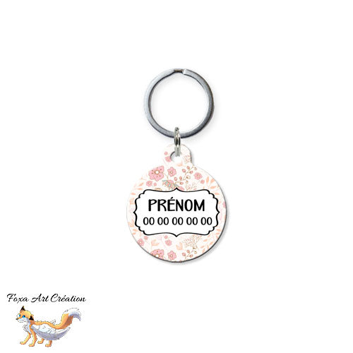 Médaille ronde personnalisée chien ou chat, motif floral rose