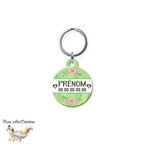 Médaille ronde personnalisée chien ou chat, motif floral vert