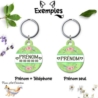 Médaille ronde personnalisée chien ou chat, motif floral vert