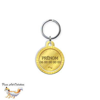 Médaille ronde personnalisée chien ou chat, motif jaune doré