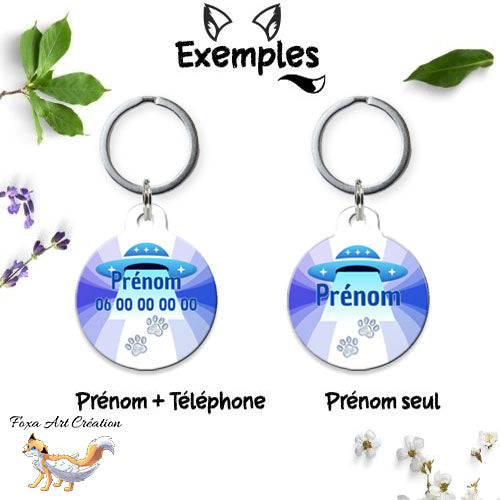 Médaille ronde personnalisée chien ou chat, motif soucoupe volante ovni